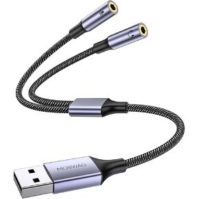 MOSWAG USB Audio Adapter External Sound Card Stereo Cable with Dual TRS 3-Pole 3.5mm Headphone and Microphone Jacks USB to Dual 3.5mm Audio Jack Adapter Cable for Windows Mac PC Laptops