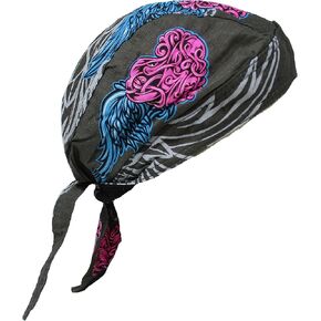 Twisted Pink Hearts Blue Wings Over Black Head Wrap Durag Doo Rag Biker Skull Cap Hat Helmet Liner Moisture Wicking Sweatband