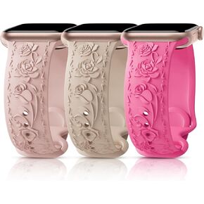 3 Packs Floral Engraved Bands Compatible with Apple Watch Band 40mm 41mm 38mm 42mm 44mm 45mm 49mm Women, Soft Silicone Cute Embossed Rose Apple Watch Band for iWatch Series 9/8/7/SE/6/5/4/3/2/1