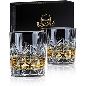 Whiskey Glass Set of 2, veecom 10 oz Crystal Whiskey Glasses Thick Bottom Bourbon Glasses Old Fashioned Rocks Glass Tumbler for Scotch, Cocktail, Liquor, Home Bar Whiskey Gifts for Men (Glass Set 2)