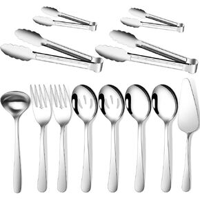 12 Pieces Serving Utensils Include Large Serving Spoons,Slotted Serving Spoons,Serving Forks,Serving Tongs,Appetizers Tongs,Soup Ladle and Pie Cake Server for Buffet Catering,Dishwasher Safe