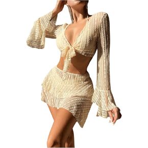 SHENHE Women's 4 Piece Swimsuit Halter Triangle High Cut Bikini Set with Coverup Top and Skirt