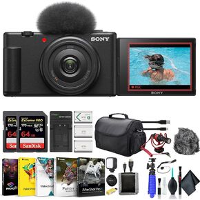 Sony ZV-1F Vlogging Camera Black ZV1F/B, 2 x 64GB Card, 2 x NP-BX1 Battery, Card Reader, Corel Photo Software, HDMI Cable, LED Light, Rode Compact Mic, Case, Charger, and More