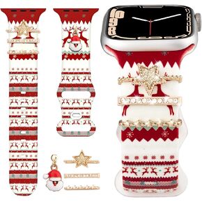 Christmas Watch Bands with Band Charms Decorative & Rings Loops for Apple Watch 38mm/40mm/41mm/42mm/44mm/45/49mm for iWatch SE/Series8 7 6 5 4 3 2 1, Replaceable Holiday Soft Silicone Sport Watch Bands for Women