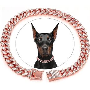 Dog Chain Collar,BOZILY Diamond Cuban Collar Walking Metal Chain Collar with Design Secure Buckle,Pet Cuban Link Dog Collar Jewelry Accessories for Small Medium Large Dogs Cats (8in, Rose Gold)
