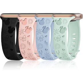 4 Pack Cartoon Engraved Bands Compatible with Apple Watch Band 40mm 41mm 38mm 42mm 44mm 45mm 49mm Women,Soft Silicone Cute Designer Strap for iWatch Bands Series SE 9 8 7 6 5 4 3 2 1 Ultra
