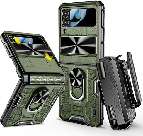 VEGO for Galaxy Z Flip 4 Case with Belt Clip Holster, 360°Ring Magnetic Kickstand & Slide Camera Cover & Hinge Protection, Military Grade Shockproof Armor Cover - Green in Saudi Arabia