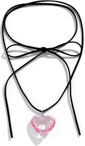 Chunky Puffy Heart Choker Necklace Big Glass Heart Pendant Necklace Adjustable Gothic Braided Black Velvet Chain for Women Y2K Jewelry in Saudi Arabia