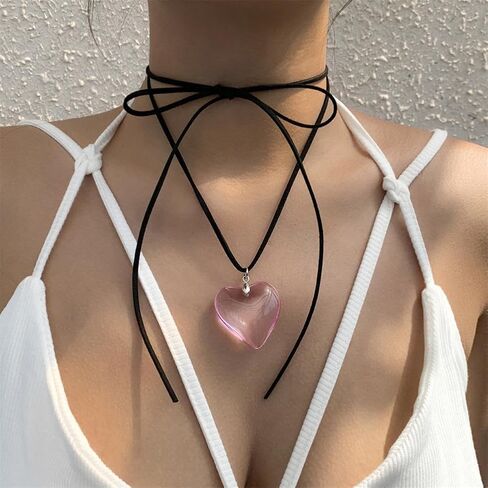 Chunky Puffy Heart Choker Necklace Big Glass Heart Pendant Necklace Adjustable Gothic Braided Black Velvet Chain for Women Y2K Jewelry in Saudi Arabia