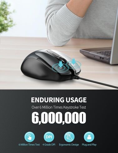 TECKNET USB Wired Mouse with Forward Backward Keys & 4 Adjustable DPI Gray in Saudi Arabia