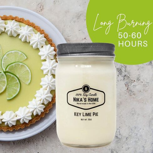 Nika's Home Key Lime Pie Soy Candle 12oz Mason Jar Non-Toxic White Soy Handmade Long Burning 50-60 Hours Highly Scented All Natural Candles Clean Burning Large Candle Gift Décor in Saudi Arabia