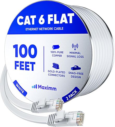 كابل إيثرنت Cat 6 بطول 100 قدم - مع تصميم مسطح وموفر للمساحة وكابل توصيل إنترنت وشبكة LAN عالي السرعة، وموصلات RJ45 - بطول 100 قدم / أسود / عبوتين - مثالي للألعاب والبث والمزيد in Kuwait