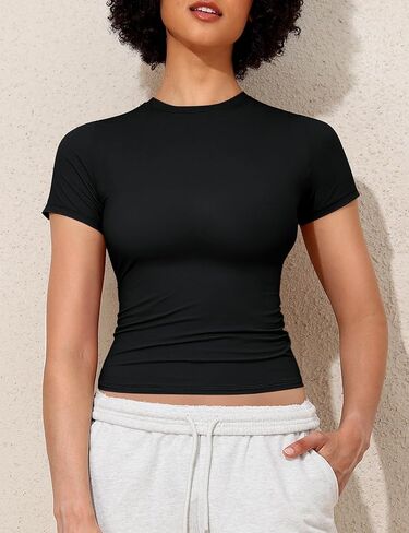 PrettyGuide Women's Double Lined Short Sleeve Fitted T Shirts Trendy Basic Y2K Going Out Tops in Kuwait