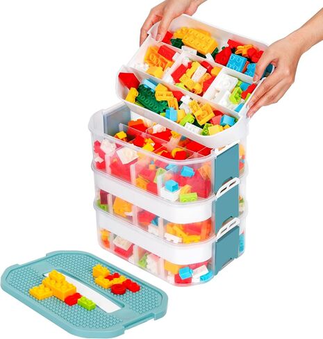 Storage Organizer for Lego Plastic Kids Toy Container Box Stackable Building Block Playroom Organization Bin with Bricks Baseplate Lid 3 Layers Adjustable Compartments Portable Chest Case in Saudi Arabia