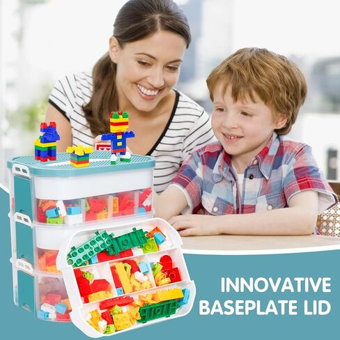 Storage Organizer for Lego Plastic Kids Toy Container Box Stackable Building Block Playroom Organization Bin with Bricks Baseplate Lid 3 Layers Adjustable Compartments Portable Chest Case in Saudi Arabia