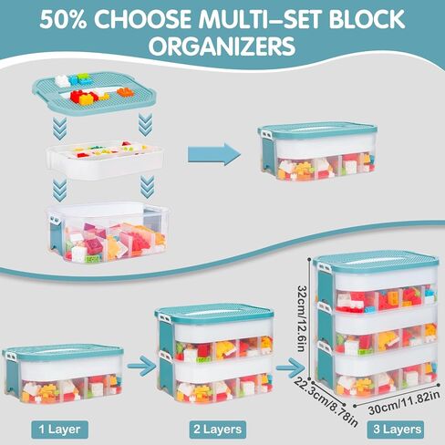 Storage Organizer for Lego Plastic Kids Toy Container Box Stackable Building Block Playroom Organization Bin with Bricks Baseplate Lid 3 Layers Adjustable Compartments Portable Chest Case in Saudi Arabia