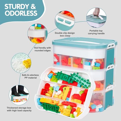 Storage Organizer for Lego Plastic Kids Toy Container Box Stackable Building Block Playroom Organization Bin with Bricks Baseplate Lid 3 Layers Adjustable Compartments Portable Chest Case in Saudi Arabia