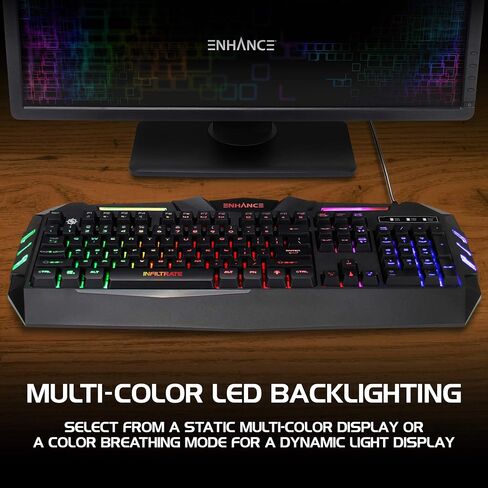 لوحة مفاتيح الألعاب ENHANCE Infiltrate KL1 LED - لوحة مفاتيح بإضاءة خلفية متعددة الألوان مع وضعين للإضاءة، تصميم مقاوم للانسكاب، كابل USB مجدول - 19 مفتاحًا قابلاً للتمرير، ومضادة للظلال، ومفاتيح الوسائط المتعددة in Kuwait