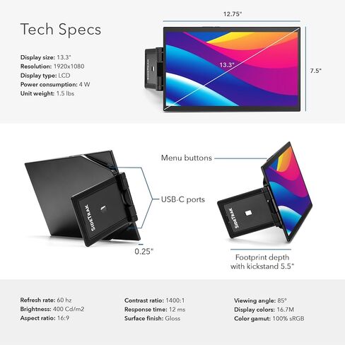 SideTrak Swivel Pro 13.3" Ultra Slim Attachable Portable Monitor, FHD IPS 1080p Laptop Screens with Kickstand + Unique Patented Swivel Hinge, for Mac, PC, and Chromebook, USB-C® Port Connection in Kuwait