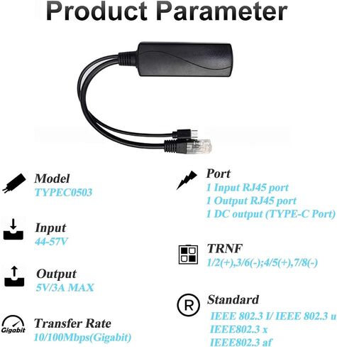 Gigabit PoE Splitter 12V 1A Output, IEEE 802.3af Standard Compliant 10, 100, 1000Mbps Power Over Ethernet Splitter Adapter for Security Camera CCTV Surveillance 5.5x2.1mm DC Plug (PS5712G) in Kuwait