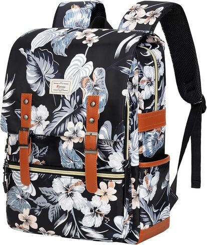 حقيبة ظهر Ronyes Vintage للنساء والرجال، حقيبة ظهر للكمبيوتر المحمول مقاس 15.6 بوصة حقيبة كتب كاجوال للعمل الجامعي، باللون الأسود مع نمط الزهور in Kuwait