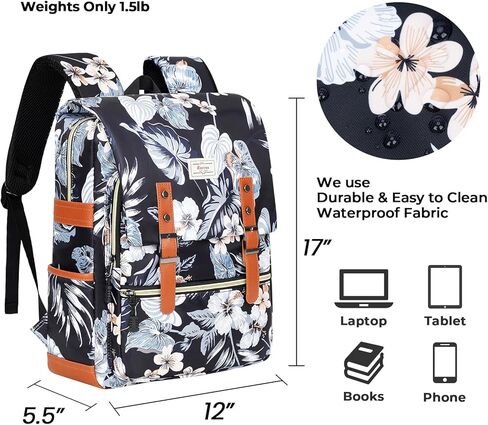 حقيبة ظهر Ronyes Vintage للنساء والرجال، حقيبة ظهر للكمبيوتر المحمول مقاس 15.6 بوصة حقيبة كتب كاجوال للعمل الجامعي، باللون الأسود مع نمط الزهور in Kuwait