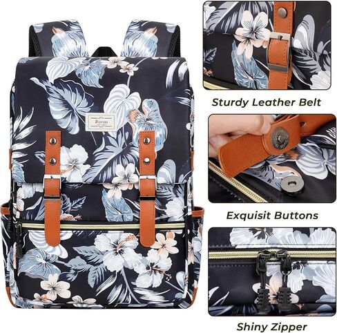حقيبة ظهر Ronyes Vintage للنساء والرجال، حقيبة ظهر للكمبيوتر المحمول مقاس 15.6 بوصة حقيبة كتب كاجوال للعمل الجامعي، باللون الأسود مع نمط الزهور in Kuwait