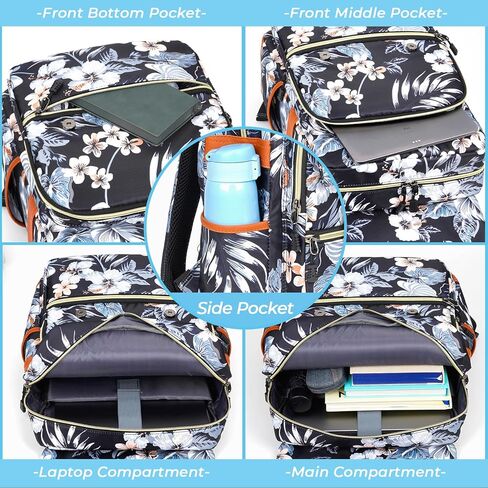 حقيبة ظهر Ronyes Vintage للنساء والرجال، حقيبة ظهر للكمبيوتر المحمول مقاس 15.6 بوصة حقيبة كتب كاجوال للعمل الجامعي، باللون الأسود مع نمط الزهور in Kuwait