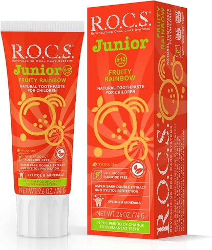 R.O.C.S. Junior Toothpaste - Enamel Whitening Teeth Gum Protection - for Children 6-12 Years Old - Safe to Swallow - Natural, No Fluoride or Sulfate (Fruity Rainbow, Pack of 1) in Saudi Arabia