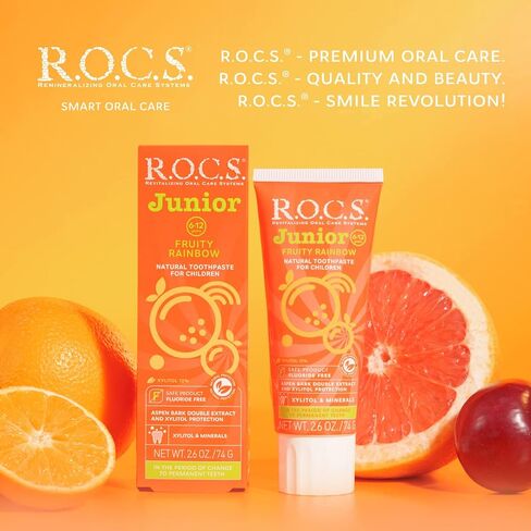 R.O.C.S. Junior Toothpaste - Enamel Whitening Teeth Gum Protection - for Children 6-12 Years Old - Safe to Swallow - Natural, No Fluoride or Sulfate (Fruity Rainbow, Pack of 1) in Saudi Arabia