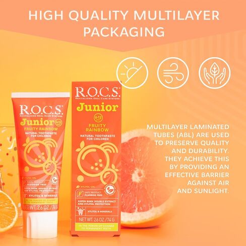 R.O.C.S. Junior Toothpaste - Enamel Whitening Teeth Gum Protection - for Children 6-12 Years Old - Safe to Swallow - Natural, No Fluoride or Sulfate (Fruity Rainbow, Pack of 1) in Saudi Arabia