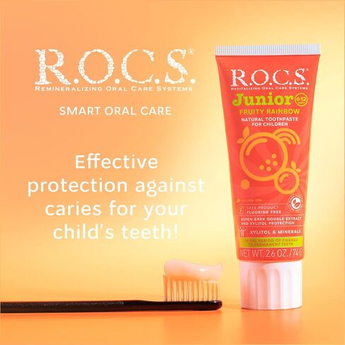 R.O.C.S. Junior Toothpaste - Enamel Whitening Teeth Gum Protection - for Children 6-12 Years Old - Safe to Swallow - Natural, No Fluoride or Sulfate (Fruity Rainbow, Pack of 1) in Saudi Arabia
