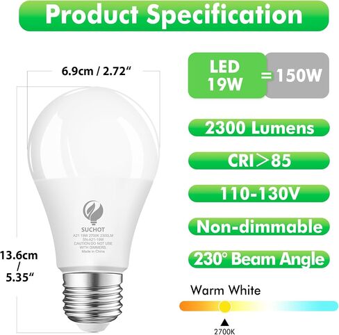 لمبة إضاءة LED A21، مصابيح إضاءة مكافئة 150 وات، ضوء نهاري 19 وات 5000 كيلفن، 2300 لومن، لمبة LED غير قابلة للتعتيم، قاعدة قياسية E26 للأماكن الداخلية والخارجية، قائمة ETL موفرة للطاقة، 6 عبوات in Saudi Arabia