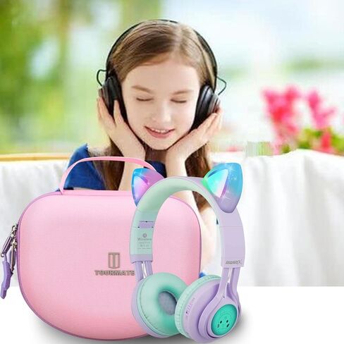 Tourmate Hard Travel Case for Riwbox CT-7 CT-7S / iClever HS01 / FosPower Cat Ear LED Light Kids Wireless Headphones, Protective Carrying Storage Bag（Box for Sale） (Purple&Pink) in Kuwait