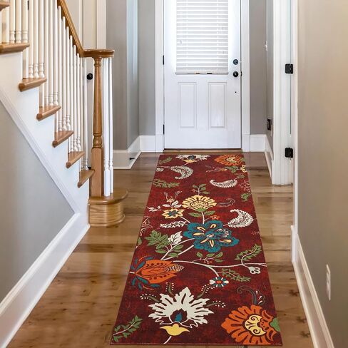 Washable Runner Rug 2x6 Hallway Runner Rug Colorful Throw Kitchen Runner Rug Modern Floral Rug Runner Long Laundry Room Runner Rug Floor Carpet for Living Room Bedroom Nursery, Red/Multi in Saudi Arabia