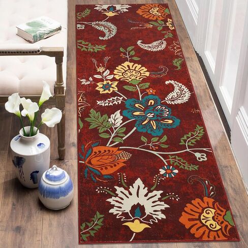 Washable Runner Rug 2x6 Hallway Runner Rug Colorful Throw Kitchen Runner Rug Modern Floral Rug Runner Long Laundry Room Runner Rug Floor Carpet for Living Room Bedroom Nursery, Red/Multi in Saudi Arabia
