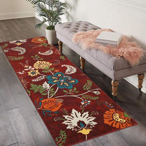 Washable Runner Rug 2x6 Hallway Runner Rug Colorful Throw Kitchen Runner Rug Modern Floral Rug Runner Long Laundry Room Runner Rug Floor Carpet for Living Room Bedroom Nursery, Red/Multi in Saudi Arabia