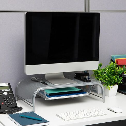 Mind Reader Monitor Stand, Set of 2, Ventilated Laptop Riser, Paper Tray, Office, Metal Mesh, 20" L x 11.5" W x 5.5" H, Black in Kuwait