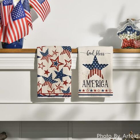 وضع Artoid العلم الأمريكي نجوم الرابع من يوليو مناشف المطبخ مناشف الأطباق، 18x26 بوصة God Bless America الديكور مناشف اليد مجموعة من 2 in Saudi Arabia