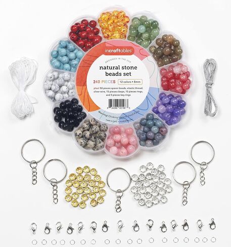 Incraftables Natural Stone Beads 12 Colors 240pcs Set for DIY Jewelry, Necklace & Bracelet Making. Assorted Real Crystal Chakra Bead Kit with Spacer Beads, Elastic String & Organizer for Kids & Adults in Saudi Arabia