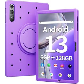 10.51 Inch Tablet, 6GB RAM 128GB ROM, Android 13 Tablet with Decorative Perforated Case, Octa-Core 2.0Ghz Processor, 1920*1200 FHD IPS, 5MP+13MP Camera, 6200mAh, GPS, WiFi, Bluetooth (Lavender)