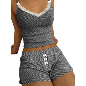 Women Y2k 2 Piece Pajamas Outfits Bow Tie Spaghetti Strap Cami Top and Bodycon Skinny Shorts Sets Sleepwear