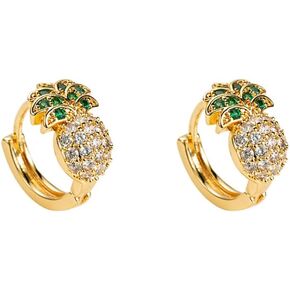 CZ Pineapple Small Hoop Earrings for Women Girls Crystal Summer Fruit 14k Gold Plated Tiny Huggie Hoops Earring Piercing Studs Dainty Jewelry Gifts