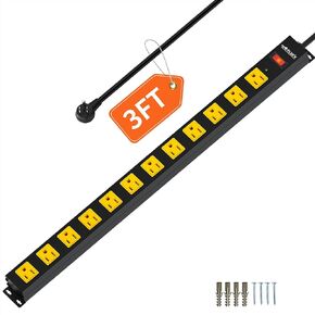 12 Outlet Long Power Strip, 2100 Joules Surge Protector, 6FT Power Cord, Wide Spaced Outlet Power Bar, Overload Protection Switch, Industrial Heavy Duty for Work Bench, Shop, Garage, 2 Pack…