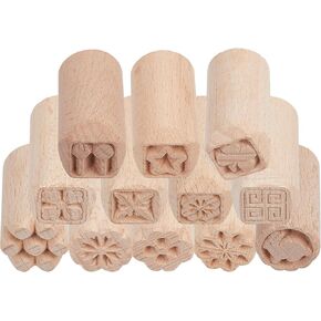 CHGCRAFT 12pcs Floral Wooden Pottery Clay Stamp Set Column Wooden Stamps for Clay Hand Carved Stamps DIY Pottery Printing Blocks with Mixed Patterns