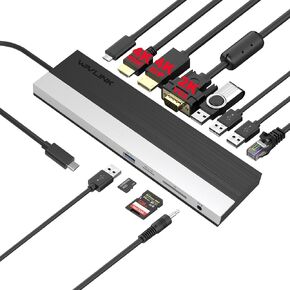 WAVLINK USB 3.0 Universal Docking Station, 14-in-1 Aluminum Ultra 5K Dual 4K HD Multiple-Display Adapter with 2 HDMI & DisplayPort, Ethernet, 6 USB 3.0, Audio, DC Jack for Desktop Laptop PC