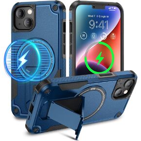 Caka for iPhone 13 Case & iPhone 14 Phone Case [Compatible with Magsafe] [Built-in Invisible Stand] [Heavy Duty Drop Protection] Shockproof Rugged Protective Magnetic Cover Accessories Black