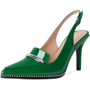 High Heel for Women Sling Back Pumps Stilettos Pointed Toe Shoes Trendy Beaded Pumps Classic Loafers Heels Event Party Green Dress Shoes Patent Leather US Size 9