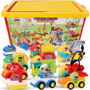 12 PCS Car Building Blocks Set - Build Your Own Toy Vehicles Brick Models with Trucks, Helicopters, Plane, Sailboat for Kids, Toddlers - Compatible with Lego DUPLO