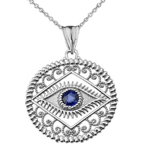 Exquisite Sterling Silver Evil Eye Filigree Charm Pendant Necklace with Blue Center Stone